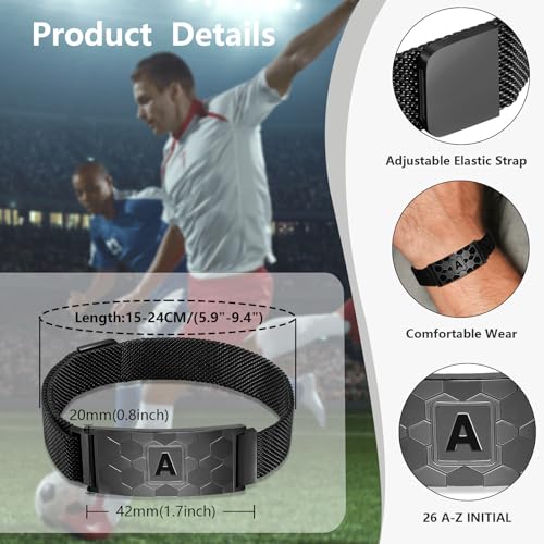 Fervia Graduation Gifts Soccer Initial Bracelet Stainless Steel A-Z Letter Charm Bracelets Adjustable Wristbands Soccer Gifts Idea for Players Team Lovers Men Boys Dad - color: Black, size: Initial N