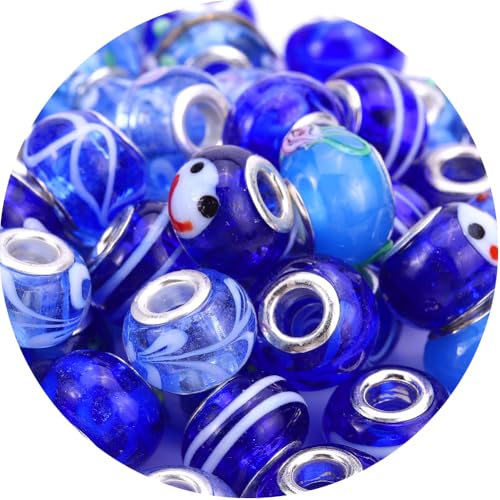 AIPRIDY 50Pcs 15x11mm Murano Large Hole Glass Beads with Silver Brass Cores European Beads for Jewelry Making (Saphire) - color: Saphire