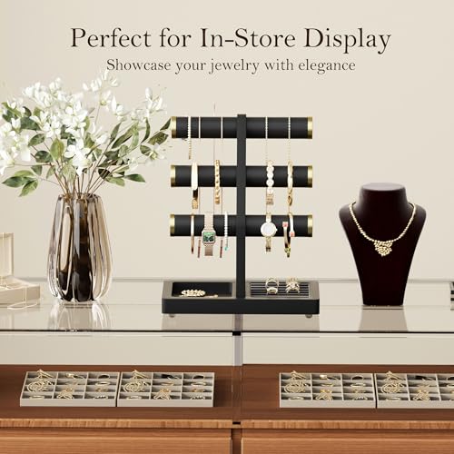 SRIWATANA 1 Bracelet Holder, Jewelry Display Stand Birthday Mother's Day Christmas Wood Solid Wood Classic Design Non-Slip Pad Metal End Cap Keeps Jewelry Secure T-Bar Organizer for Bracelets - Black - color: Black