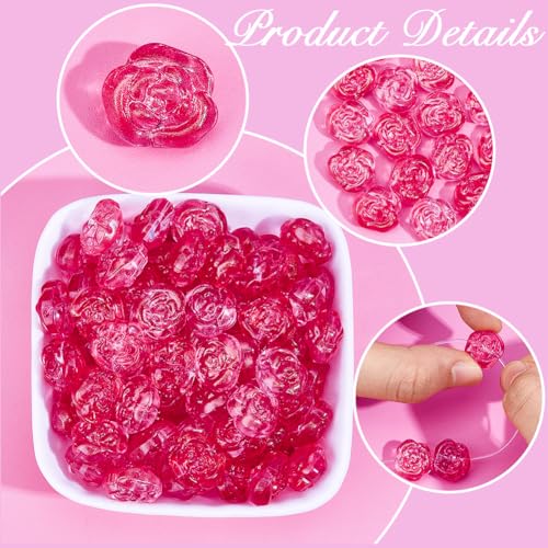 1 Box 100Pcs Pink Rose Beads Glass Flower Bead Transparent Czech Carved Flowers Floral Crystal Glitter Loose Spacer Beads for Bracelet Necklace Jewelry Making DIY Craft Decors Accessories