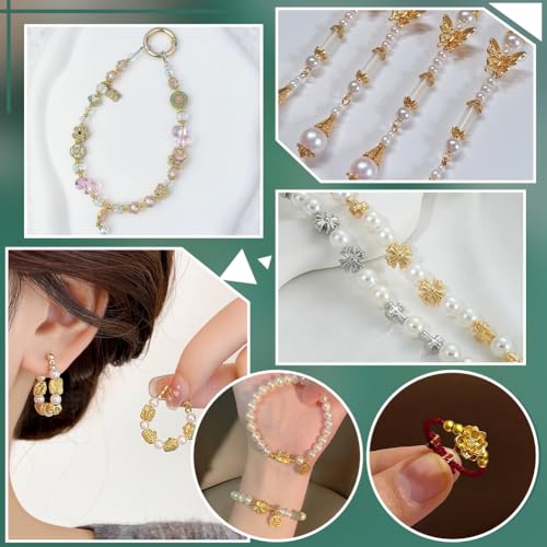 PH PandaHall 100Pcs 10 Styles Metal Flower Beads Golden Spacer Beads Floral Loose Charm Bead Blossom Flower Flat Round Loose Bead Spacers for Bracelet Jewelry Making, 5.5~8mm