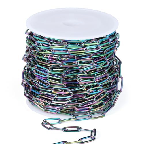 [16.5 Ft] Stainless Steel Paperclip Chains Roll, 4.3mm Width Rainbow Plated Stainless Steel Oval Link Chains Spool Bulk for Jewelry Making - color: colorful(4.3mm)