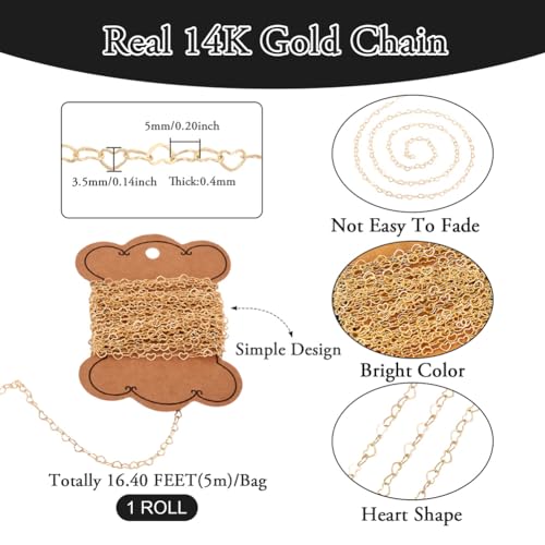 Elecrelive 16.4 Feet 14K Gold Filled Chains Heart Link Chain 5x3.5x0.4mm Permanent Jewelry for Women's Trendy Layering Necklace Bracelet Making - color: 14K Gold Filled