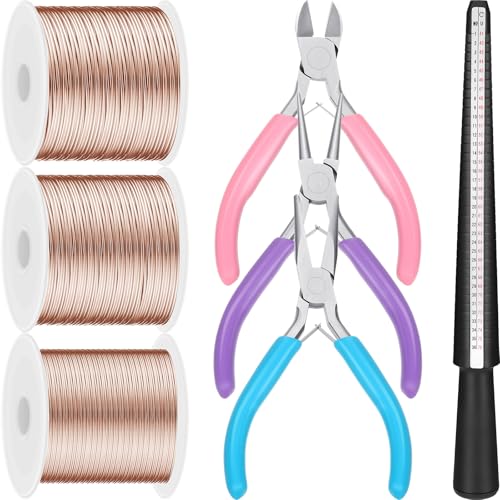 3 Rolls 18 20 22 Gauge Jewelry Wire for Jewelry Making with 3 Multi Purpuse Pliers and Ring Sizer, Tarnish Resistant Aluminum Beading Wire for Arts Crafts Making Supplies(Rose Gold) - color: Rose Gold