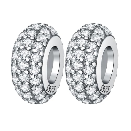 Spacer Stopper Beads for Bracelets & Necklaces, 925 Sterling Silver Beads | Smooth & Pave Cubic Zirconia (White, Blue, 18K Gold Plated) | Anti-Slide Separator Charms S925 Women Jewelry - color: 2Pcs Silver CZ Spacer