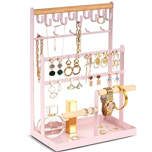 ProCase Jewelry Organizer Stand Necklace Organizer Earring Holder, 6 Tier Jewelry Stand Necklace Holder with 15 Hooks, Jewelry Tower Display Rack Storage Tree for Bracelets Earrings Rings -Pink - color: Pink