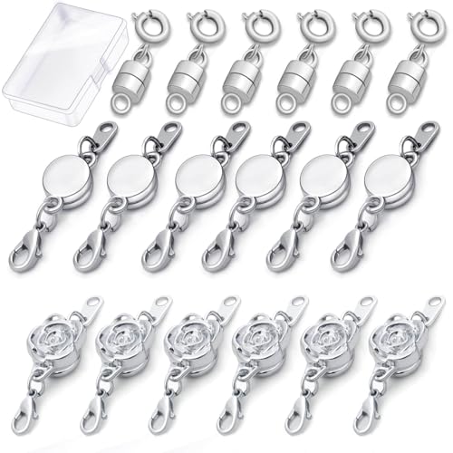 18 Pcs 3 Styles Magnetic Necklace Clasps and Closures, Rose Round Cylindrical Jewelry Magnetic Clasp Connector Locking Magnetic Clasp Bracelet Extender for Jewelry Making (Silver) - color: Silver