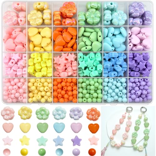 720Pcs Macaron Colors Assorted Beads for Jewelry Making, Acrylic Star Hart Flower Beads for Bracelets Making Round Pastel Beads Colorful Aesthetic Beads Bulk for Necklaces Phone Chains - color: D