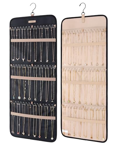 BAGSMART Hanging Necklaces Organizer Jewelry Holder Storage Roll with Hanger Metal Hooks Double-Sided Jewelry Organizer for Necklaces, Bracelets on Closet, Wall, Door, 1 piece, Large Black - color: Black, size: Dual-Sided Necklaces Holder