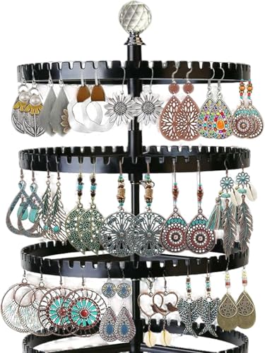 6-story rotating earring rack storage rack, adjustable plastic pendant display rack, 348 grooves on the tree band, large circular storage tower, black wooden disc design - color: B Black