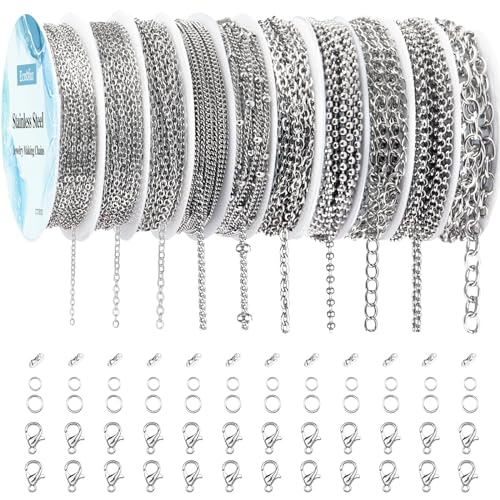Necklace Chains for Jewelry Making, 78.7 Feet 10 Rolls Stainless Steel Jewelry Chains for DIY Necklace Bracelet Jewelry Making with Stainless Steel Jump Rings/Lobster Clasps/Connectors - color: Silver, size: 10 Rolls