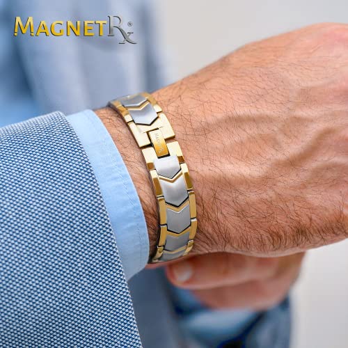 MagnetRX® Ultra Strength Magnetic Bracelet – Effective Stainless Steel Metal Bracelets for Men – Adjustable Length with Sizing Tool for Perfect Fit (Silver & Gold) - color: Gold & Silver Arrow Style (2X Strength)