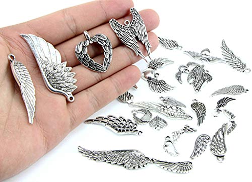 Assorted Angel Wings Feathers punk Charm Pendant Connector for DIY Jewelry Making Accessaries(36pcs,Antique Silver Tone)