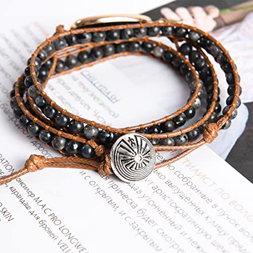 YGLINE Women Boho Handmade Natural Stone Crystal Leather Bead Wrap Bracelets Collection - color: Labradorite-3w