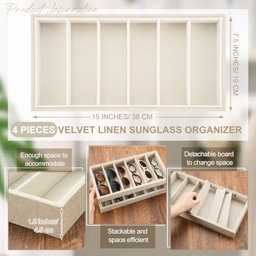 Juexica 4 Pcs Velvet Sunglasses Organizer Tray 6 Grid Sunglass Organizer Velvet Tray Stackable Glasses Display Case for Women Glasses Jewelry Display Watch (Linen) - color: Linen