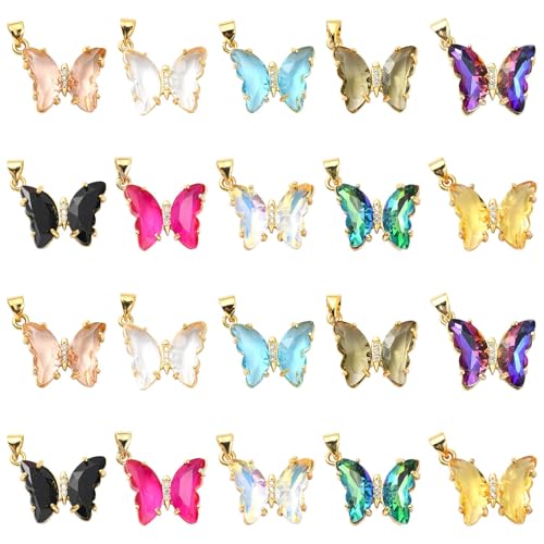Ipotkitt 10 Pcs Glass Butterfly Charms Clear Micro Pave Cubic Zirconia Butterfly Charms Colorful Crystal Insect Charms for Jewelry Making Accessories - color: 10pcs-Glass Butterfly Charms-24x21x4mm