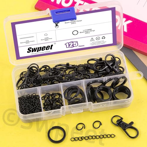 Swpeet 125Pcs Black Keychain Making Set, 25Pcs Swivel Lanyard Snap Hook, 25P Keychain Ring, 25P Extender Chains, 50P Open Jump Rings, Swivel Lobster Clasps, Keychains Clips - color: Black