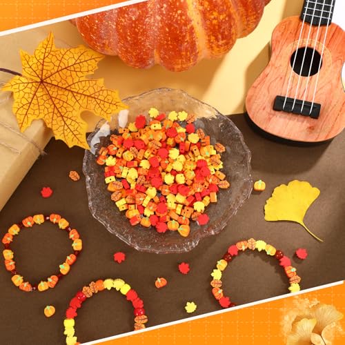 Fall Polymer Clay Beads, 300pcs Thanksgiving Fall Leaf Pumpkin Clay Beads for Jewelry Making Autumn DIY Bracelet Necklace Accessories Craft Party Supplies - color: Yellow Orange