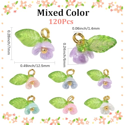 SUNNYCLUE 1 Box 120Pcs 6 Colors Acrylic Flower Charms Bell Flower Charms Resin Orchid Trumpet with Imitated Pearl Lily of The Valley Dangle Pendants for DIY Crafts Necklace Earring Jewelry Making - style: Flowe 3