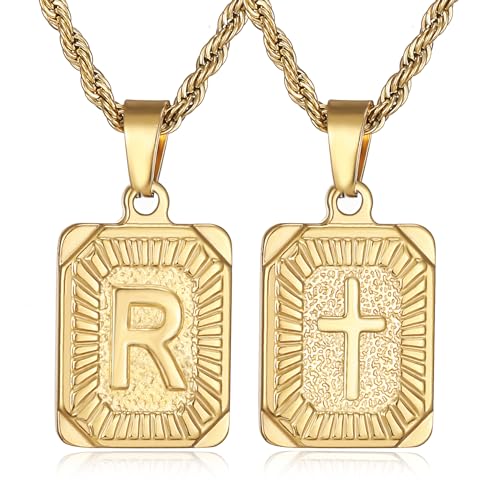 SKQIR initial Letter Necklaces for Men,Stainless Steel Plated A Z Square Pandent Letter Necklace for Women,Cross Necklace with Letter Chain Pendant for Boys Stocking Stuffers Christmas New Year Gifts for Men Women - color: Gold, style: Cross R