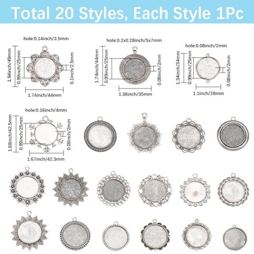 SUNNYCLUE 1 Box 20Pcs 25mm Blank Bezel Pendant Trays Round Bezel Pendant Trays Antique Silver Metal Flower Base Cabochons Settings Charms for Jewelry Making Photo Findings Necklace DIY Craftings - style: Style 2