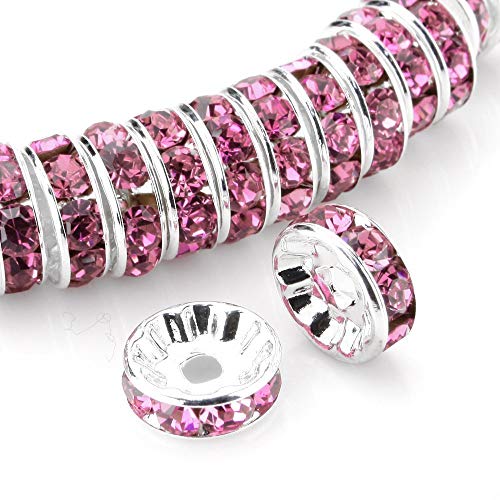 Allb 100Pcs Rondelle Spacer Beads 8mm Silver Plated Czech Crystal Rhinestone for Jewelry Making Loose Beads for Bracelets - color: pink, size: 8mm