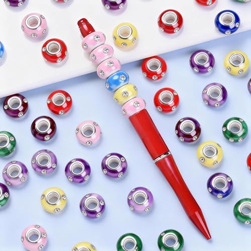PIPITREE 40PCS Acrylic Beads 8 * 15mm Focal Beads for Pens Acrylic Flat Bulk Bead Rhinestone AB Mixed Color 6mm Large Hole Bead for Keychains Beadable Pens DIY Crafts Jewelry Making & Gift Giving - color: Rhinestone