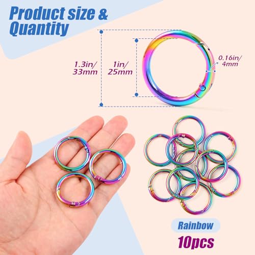 1 Inch Spring O Rings Buckles-10 Pcs Rinbow Spring Gate Rings Clasps for Purse Shoulder Bag-Round Spring Hooks Carabiner Snap Clips for Handbag Key Chains DIY Crafts - color: Rainbow Spring Rings-10pcs-1 Inch
