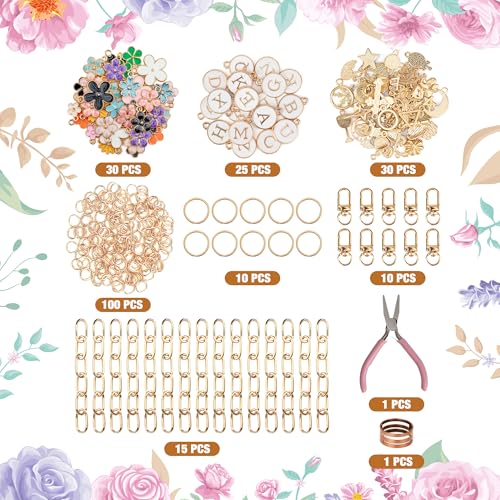HOMAR 223Pcs DIY Keychain Making Bag Charm Jewelry Chain Making 86 Flower Charms 10 Keychain Clips with Key Ring 15 Extender Chains 100 Jump Ring for DIY Craft Gifts - color: Flower-223PCS