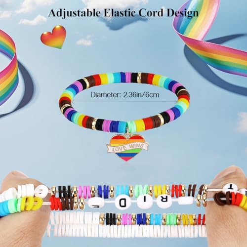 Emibele Colorful Stretch Bracelet Stack Boho Beaded Bracelet Set Heishi Surfer Bracelet Stackable Y2K Trendy Jewelry Friendship Multiple Set Women Fans - style: Rainbow