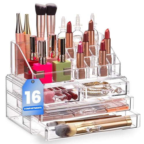 Masirs Clear Makeup Organizer - 16-Compartment Cosmetic and Jewelry Holder with 4 Drawers - Vanity Storage Box for Makeup, Skincare, Accessories, and Jewelry Display - size: 4-drawer | 16 Compartments