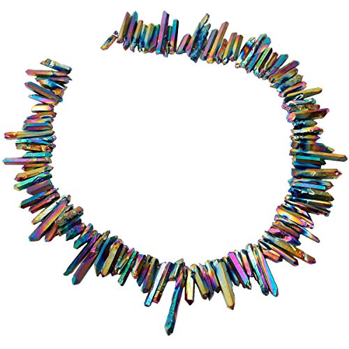 rockcloud Natural Rock Crystal Points Titanium Coated Clear Quartz Sticks Spikes Top Drilled 15 inch Strand,Rainbow - color: #26-Rainbow(Small)