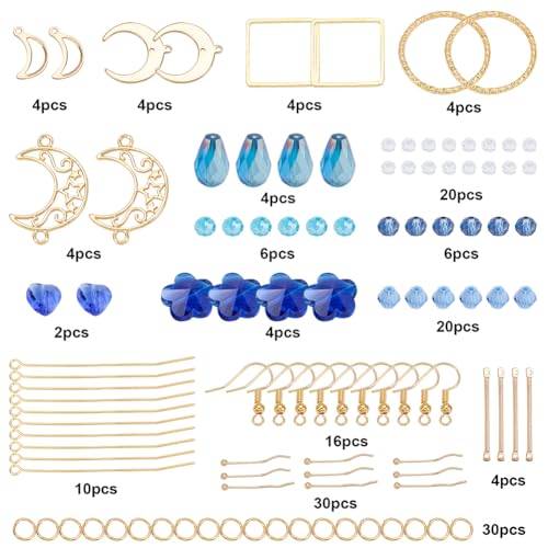 SUNNYCLUE 1 Box DIY 8 Pairs Blue Moon Earrings Making Starter Kit Including Moon Geometric Linking Connector Charms Teardrop Flower Beads Earring Findings for Women Earring Making Crafts