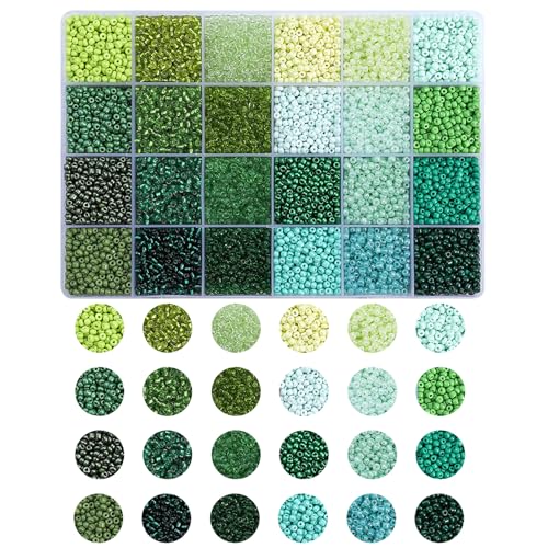 12000pc 3mm Green Glass Seed Beads 24 Color Small Tiny Colorful Beads Bulk for Jewelry Making Supplies Accessory DIY Craft Friendship Bracelet Necklace Charm Dangle Earring - color: Green