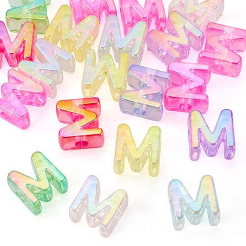 FASHEWELRY 20Pcs Large Hole Acrylic Beads Letter M Iridescent Big Plastic Letter Blocks European Beads Clear 3D Letters Initial Alphabet Bead for Keychains Necklace DIY Arts Craft - color: Random Clear, size: M