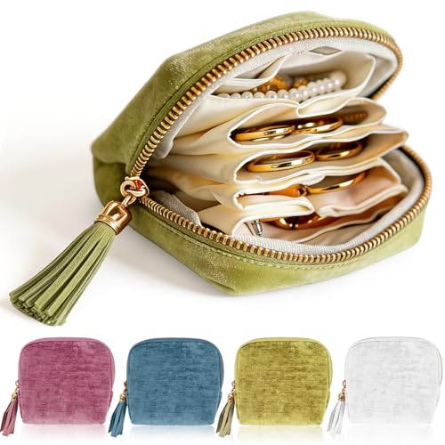 4 Pack Travel Jewelry Organizer Pouch, Square Velvet Jewelry Case for Bracelet Bangle Necklace Ring Storage, Portable Jewelry Travel Bag with Multiple Compartments for Women, 4 Colors