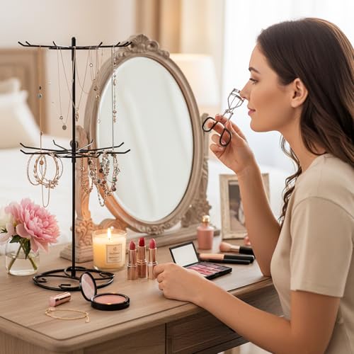 2 Pcs Jewelry Stand Organizer, 2 Tier Rotating Rack Metal Necklace Organizer Black Jewelrys Keychain Display for Vendors Jewelry Earring Bracelet Display Supplies