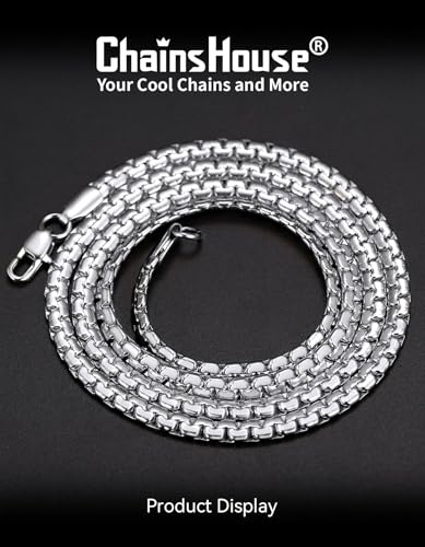 ChainsHouse Flat Box Chain Necklace Men, 2/4/6/8mm Round Link Chain Necklaces, Stainless Steel/Black/14K Gold Plated Mens Jewelry, 14"-30" Length, Come Gift Box - color: A-4mm-stainless, size: 22 Inches