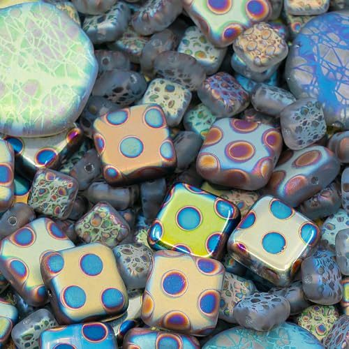 1.75 oz (50g) Mix of Unique Czech Bohemia Glass Pressed Beads, Light Blue AB Sliperit, Patterned, Matte and Glossy, Hand Made BCV - color: FAN Mix Light Blue AB Sliperit