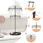 iDavosic.ly 2 Tier Rotating Necklace Organizer with Jewelry Tray, Adjustable Metal Necklace Holder with 42 Hooks, Extra Tall Bracelet Keychain Spinning Display Stand Tree Tower for Women, Black - color: Black with Tray