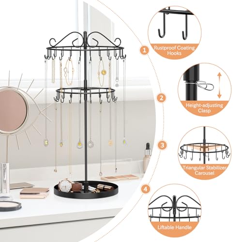iDavosic.ly 2 Tier Rotating Necklace Organizer with Jewelry Tray, Adjustable Metal Necklace Holder with 42 Hooks, Extra Tall Bracelet Keychain Spinning Display Stand Tree Tower for Women, Black - color: Black with Tray