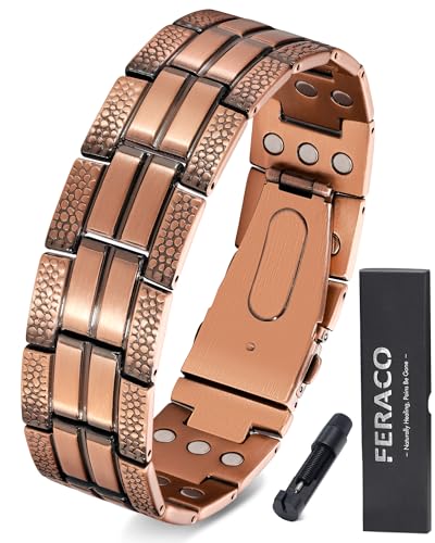 Feraco Copper Bracelet for Men 3X Strength,Magnetic Therapy Bracelet Copper Jewelry with Powerful 3800 Gauss Magnets - style: Textured Energy Bracelet