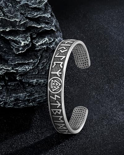 Stainless Steel Cuff Bracelet,Retro Gothic Punk Biker Cool Open Adjustable Cuff Bangle Bracelets Jewelry for Men Silver - style: Viking Runes