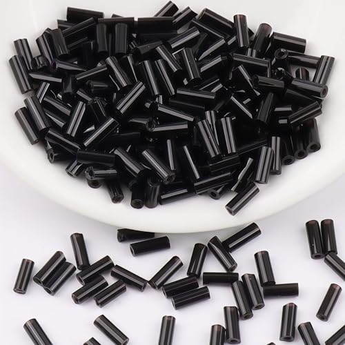 2000Pcs Tube Seed Beads 2x7mm Mini Long Glass Bugle Bead Small Craft Loose Spacer Beads for DIY Phone Charms Waist Bead Bracelets Earrings Necklaces (Black) - color: Black