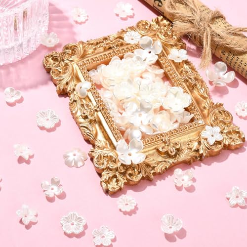 Ipotkitt 200 Pcs 10 Styles White Acrylic Flower Bead Caps ABS Plastic Spring Beads Imitation Pearl Flower Shaped Bead Caps Floral End Caps for DIY Craft Necklaces Bracelets Jewelry Making - color: 200pcs-White Flower Bead Caps-6.5~14.5mm