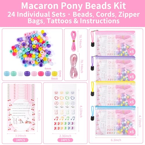 Rujiaoa Bracelet Making Kit Bulk 24 Pack, Individually Pre-Packed Pony Bead Kits for Party Favors & Classroom Activities, DIY Jewelry Making Set with Zipper Bags, Tattoos & Instructions