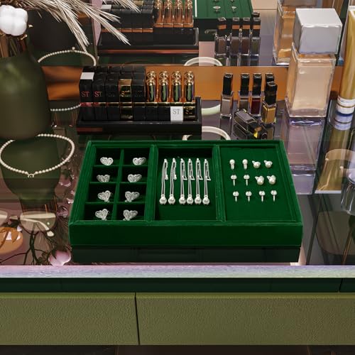 4 In 1 Velvet Jewelry Trays Jewelry Drawer Organizer Tray Stackable Jewelry Trays Necklace Bracelet Ring Earring Organizer Tray (Green) - size: 3 Grid