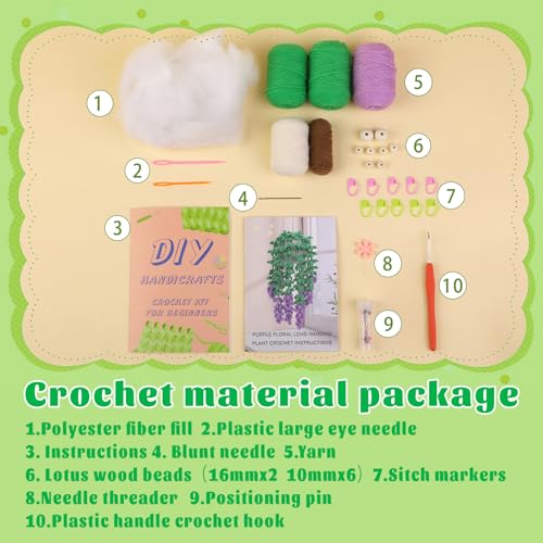 Kogyxe Beginners Crochet Kit, Amigurumi Crochet Starter Kits w Step-by-Step Video Tutorials, Hanging Potted Plants Knitting Starter Pack for Beginners Decoration, Wisteria Flower (40%+ Yarn) - size: Wisteria Flower