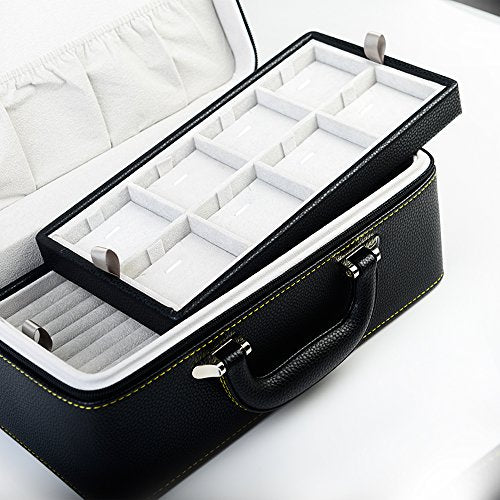 Oirlv Black Leather Jewelry Box Handmade Travel Jewelry Organizer Storage Case Holder For Girl Lady Earring,Ring,Necklace,Pendant,Watch,Bracelet.(3 layers) - color: Black