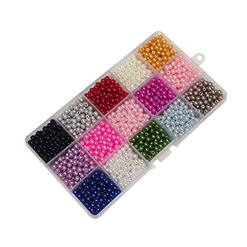 Chenkou Craft Assorted 15 Colors 1200pcs 5mm Immitation Pearl Bead Through Hole Scrapbook Craft DIY Beads + Plastic Box (Multi-Colored, 5mm) - size: 5mm